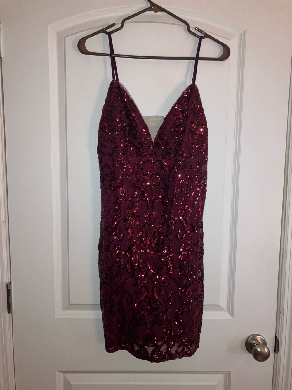 David's Bridal Burgundy Sequin Mini Dress